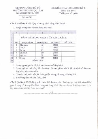 Đề thi Giữa kì 2 Tin học 7 năm 2025-2026 trường THCS Ngọc Lâm (Hà Nội)